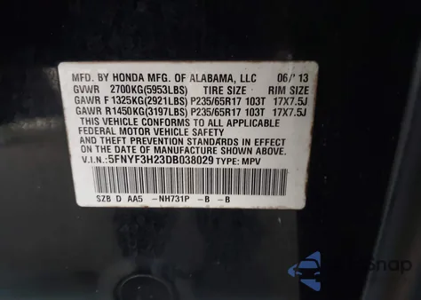 2013 Honda Pilot Lx from USA, damaged, VIN 5FNYF3H23DB038029